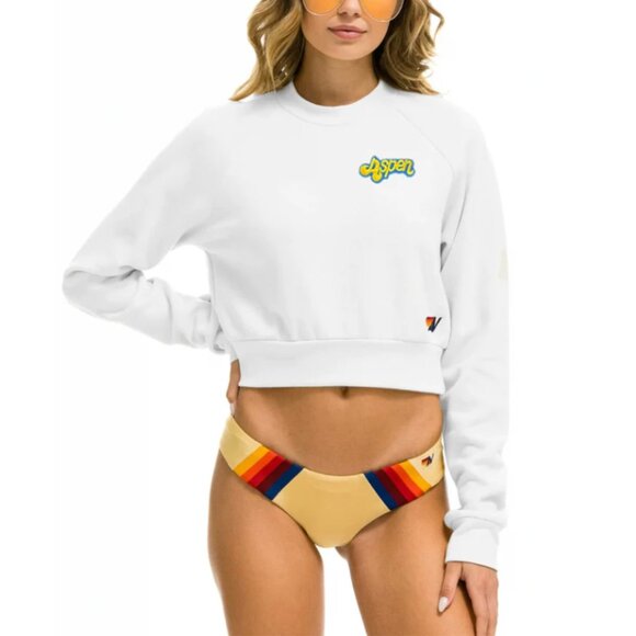 Aviator Nation Aspen Embroidered Sweatshirt Cropped Crewneck White Pullover L - Picture 1 of 7